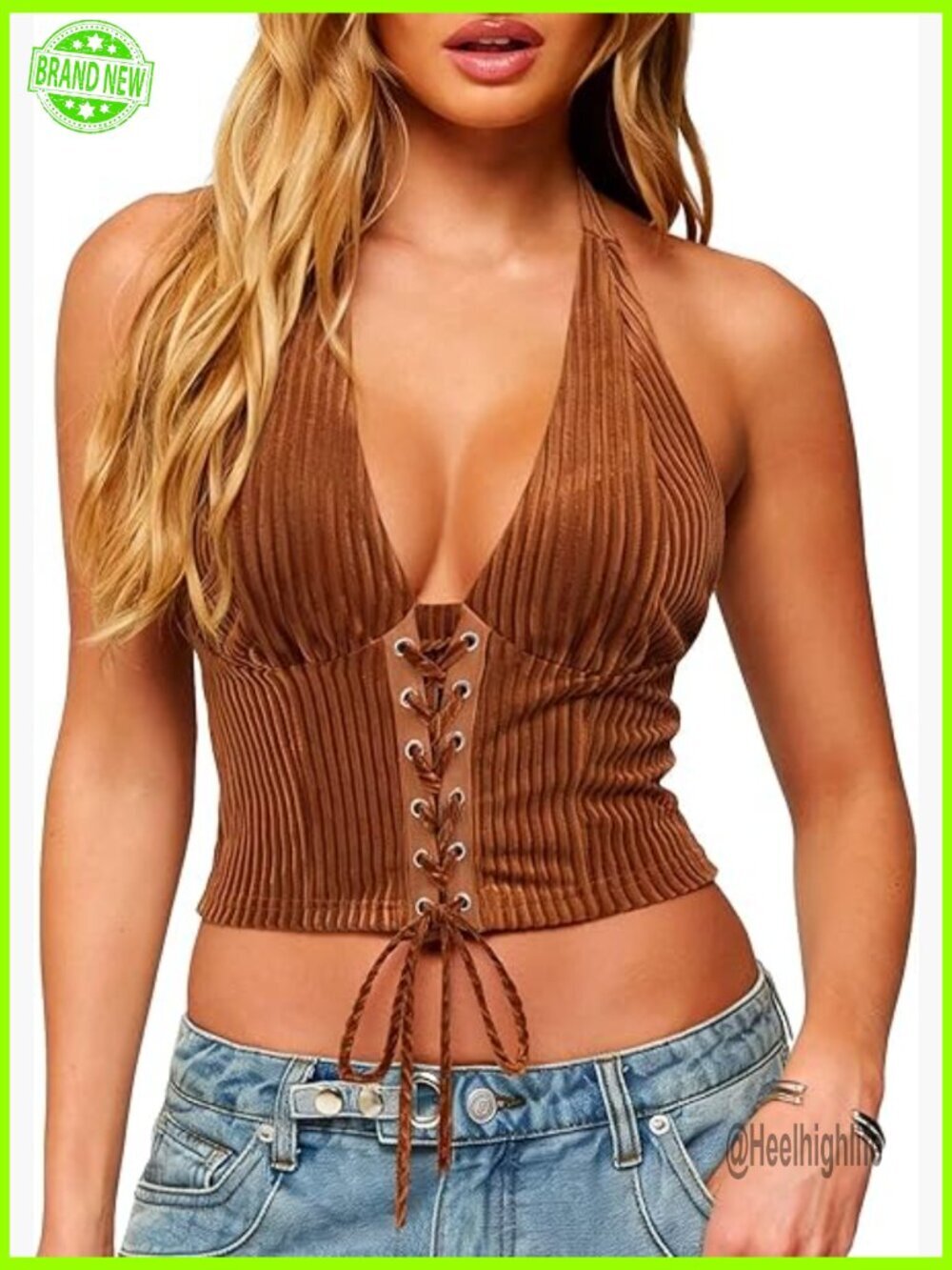 Corduroy Halter Corset Crop Top Lace Up Backless Going Out Y2k Club
